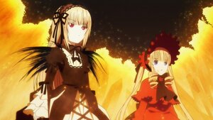 Rating: Safe Score: 0 Tags: 2girls black_wings blonde_hair blue_eyes bonnet bow dress flower frills hairband image long_hair long_sleeves looking_at_viewer multiple_girls pair red_dress red_eyes shinku sky suigintou twintails wings User: admin