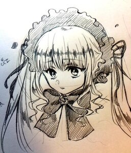 Rating: Safe Score: 0 Tags: 1girl bangs bonnet bowtie dress flower image long_hair looking_at_viewer monochrome rose shinku sidelocks simple_background solo twintails upper_body User: admin