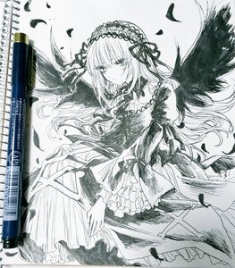 Rating: Safe Score: 0 Tags: 1girl closed_mouth dress eyebrows_visible_through_hair feathered_wings feathers flower frilled_hairband frills greyscale hairband image lolita_hairband long_hair long_sleeves looking_at_viewer monochrome petals ribbon rose solo suigintou traditional_media wide_sleeves wings User: admin