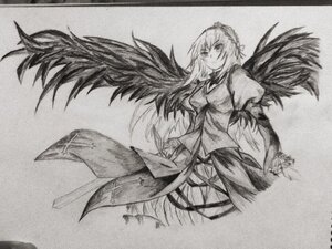 Rating: Safe Score: 0 Tags: 1girl dress greyscale image long_hair long_sleeves looking_at_viewer monochrome solo suigintou traditional_media wings User: admin