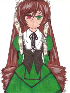 Rating: Safe Score: 0 Tags: 1girl bangs brown_hair dress frills green_dress green_eyes head_scarf heterochromia image long_hair long_sleeves looking_at_viewer red_eyes simple_background solo suiseiseki very_long_hair white_background User: admin
