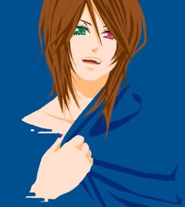 Rating: Safe Score: 0 Tags: 1boy :d blue_background brown_hair green_eyes heterochromia image long_sleeves looking_at_viewer open_mouth red_eyes shirt simple_background solo souseiseki upper_body User: admin