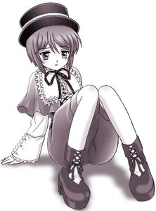 Rating: Safe Score: 0 Tags: 1girl blush boots capelet cross-laced_footwear frills greyscale hat image long_sleeves looking_at_viewer monochrome pantyhose short_hair sitting solo souseiseki User: admin