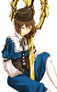 Rating: Safe Score: 0 Tags: 1boy brown_hair frills green_eyes hat heterochromia image long_sleeves looking_at_viewer pants red_eyes ribbon sitting solo souseiseki top_hat white_background User: admin
