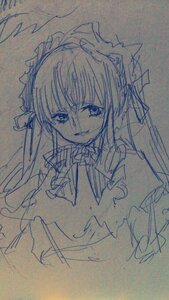 Rating: Safe Score: 0 Tags: 1girl dress image long_hair long_sleeves looking_at_viewer monochrome shinku simple_background sketch smile solo traditional_media User: admin