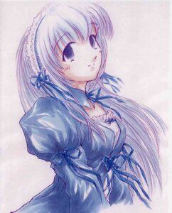 Rating: Safe Score: 0 Tags: 1girl bangs black_ribbon blue_dress blue_eyes blue_ribbon closed_mouth dress frills hairband image juliet_sleeves long_hair long_sleeves puffy_sleeves ribbon simple_background smile solo suigintou traditional_media upper_body User: admin