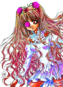 Rating: Safe Score: 0 Tags: 1girl cowboy_shot dress eyepatch flower frills image kirakishou long_hair long_sleeves marker_(medium) pink_flower pink_rose rose signature simple_background solo traditional_media very_long_hair white_background User: admin