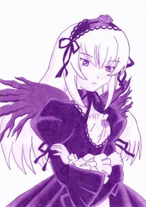 Rating: Safe Score: 0 Tags: 1girl black_wings dress flower frills hairband image lolita_hairband long_hair long_sleeves looking_at_viewer monochrome puffy_sleeves purple_theme solo suigintou wings User: admin