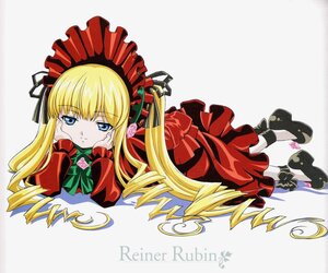 Rating: Safe Score: 0 Tags: 1girl bangs black_footwear blonde_hair blue_eyes bonnet bow bowtie chin_rest dress drill_hair flower frills full_body green_bow hands_on_own_face image long_hair long_sleeves looking_at_viewer lying on_stomach red_dress ribbon rose shadow shinku shoes solo striped_background User: admin