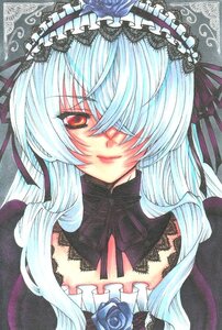 Rating: Safe Score: 0 Tags: 1girl blue_flower closed_mouth dress flower frills gothic_lolita hairband image lolita_fashion lolita_hairband long_hair marker_(medium) portrait red_eyes rose smile solo suigintou traditional_media watermark User: admin