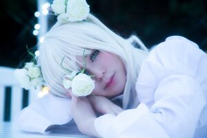 Rating: Safe Score: 0 Tags: 1girl bangs blue_eyes blurry blurry_background blurry_foreground closed_mouth depth_of_field flower kirakishou lips long_sleeves looking_at_viewer rose sleeves_past_wrists solo sweater upper_body white_flower white_hair white_rose User: admin