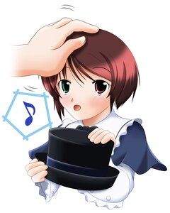 Rating: Safe Score: 0 Tags: 1girl :o apron blush brown_hair eighth_note hat_removed headwear_removed heterochromia image long_sleeves maid musical_note open_mouth red_eyes short_hair simple_background solo solo_focus souseiseki striped upper_body vertical_stripes User: admin