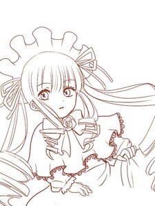 Rating: Safe Score: 0 Tags: 1girl bowtie capelet dress drill_hair hair_ribbon image long_hair long_sleeves looking_at_viewer monochrome ribbon shinku simple_background solo twin_drills twintails upper_body very_long_hair white_background User: admin