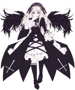 Rating: Safe Score: 0 Tags: 1girl black_wings dress feathers frilled_sleeves frills full_body hairband image long_hair long_sleeves looking_at_viewer red_eyes ribbon rose solo suigintou white_background wings User: admin