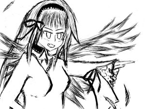 Rating: Safe Score: 0 Tags: 1girl blunt_bangs feathered_wings greyscale grin hairband image lolita_hairband long_hair monochrome sketch smile solo suigintou upper_body white_background wings User: admin