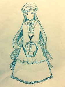 Rating: Safe Score: 0 Tags: 1girl bangs blush closed_mouth dress frills full_body hat image long_hair long_sleeves looking_at_viewer monochrome ribbon simple_background sketch solo standing suiseiseki traditional_media very_long_hair wide_sleeves User: admin