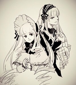 Rating: Safe Score: 0 Tags: 2girls dress frills hairband image long_hair long_sleeves looking_at_viewer monochrome multiple_girls pair shinku signature suigintou upper_body User: admin