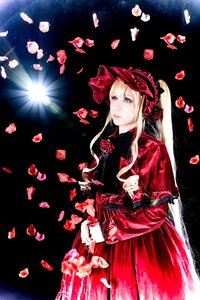 Rating: Safe Score: 0 Tags: 1girl blonde_hair blue_eyes bonnet dress flower long_hair long_sleeves petals red_dress red_flower red_rose rose rose_petals shinku solo twintails User: admin