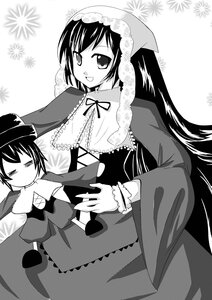 Rating: Safe Score: 0 Tags: 1girl capelet dress frills greyscale hat image long_hair long_sleeves monochrome open_mouth pair ribbon short_hair smile souseiseki suiseiseki very_long_hair User: admin