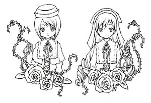Rating: Safe Score: 0 Tags: 2girls beret capelet flower greyscale hat image lineart long_hair long_sleeves looking_at_viewer monochrome multiple_girls neck_ribbon pair ribbon rose short_hair simple_background smile souseiseki suiseiseki thorns vines white_background white_rose User: admin