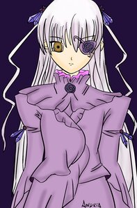 Rating: Safe Score: 0 Tags: 1girl barasuishou dress eyepatch flower frills image long_hair long_sleeves looking_at_viewer ribbon rose simple_background solo suigintou upper_body yellow_eyes User: admin