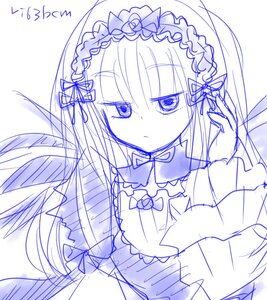 Rating: Safe Score: 0 Tags: 1girl blue_theme dress frills hair_ribbon hairband image long_hair long_sleeves looking_at_viewer monochrome ribbon serious simple_background solo suigintou white_background User: admin