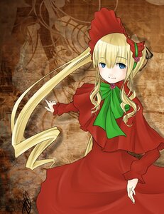 Rating: Safe Score: 0 Tags: 1girl blonde_hair blue_eyes bonnet bow bowtie capelet dress flower green_bow green_neckwear image long_hair long_sleeves looking_at_viewer red_capelet red_dress shinku sidelocks signature solo standing User: admin