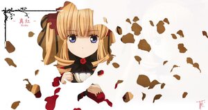 Rating: Safe Score: 0 Tags: 1girl bangs blonde_hair blue_eyes bow bowtie drill_hair image long_sleeves looking_at_viewer petals rose shinku solo User: admin