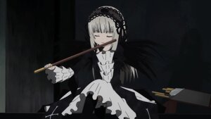 Rating: Safe Score: 0 Tags: 1girl bangs black_dress black_ribbon black_wings closed_eyes closed_mouth dress eyebrows_visible_through_hair frills hairband holding image juliet_sleeves knees_up long_hair long_sleeves pipe sitting solo suigintou wings User: admin