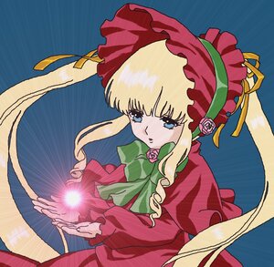Rating: Safe Score: 0 Tags: 1girl bangs blonde_hair blue_background blue_eyes bonnet bow bowtie cup dress flower green_bow image long_hair long_sleeves pink_flower pink_rose red_dress rose saucer shinku sidelocks solo teacup twintails upper_body User: admin
