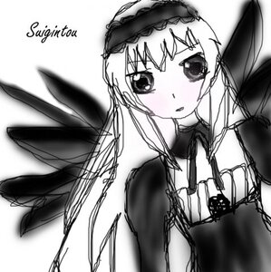 Rating: Safe Score: 0 Tags: 1girl auto_tagged blush dress frills greyscale image long_sleeves looking_at_viewer monochrome necktie simple_background sketch solo suigintou upper_body white_background User: admin
