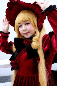 Rating: Safe Score: 0 Tags: 1girl bangs blonde_hair blue_eyes bonnet dress flower lips long_hair long_sleeves realistic red_dress red_flower red_rose rose shinku solo User: admin