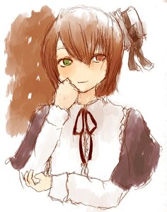 Rating: Safe Score: 0 Tags: 1girl blush brown_hair closed_mouth dress green_eyes hat heterochromia image long_sleeves looking_at_viewer ribbon short_hair simple_background sketch smile solo souseiseki suiseiseki top_hat upper_body white_background User: admin