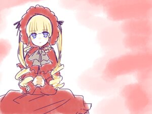 Rating: Safe Score: 0 Tags: 1girl bangs blonde_hair blue_eyes blush bonnet bow bowtie dress drill_hair image long_hair long_sleeves looking_at_viewer red_dress shinku sitting solo twintails User: admin