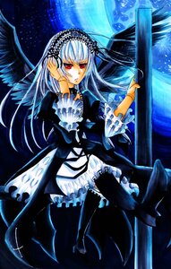 Rating: Safe Score: 0 Tags: 1girl auto_tagged boots doll_joints dress frills image joints long_hair long_sleeves looking_at_viewer night red_eyes ribbon solo suigintou wings User: admin