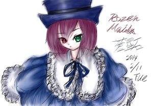 Rating: Safe Score: 0 Tags: 1girl blue_dress blue_neckwear frills green_eyes hat heterochromia image long_sleeves looking_at_viewer red_eyes ribbon short_hair simple_background solo souseiseki upper_body white_background User: admin