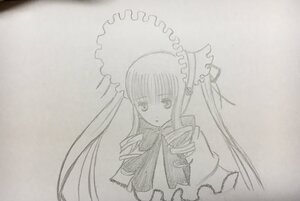 Rating: Safe Score: 0 Tags: 1girl bowtie capelet dress frills greyscale image long_hair long_sleeves looking_at_viewer monochrome shinku simple_background solo traditional_media upper_body white_background User: admin