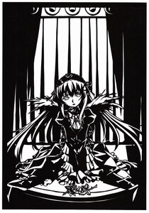 Rating: Safe Score: 0 Tags: 1girl dress flower greyscale hairband image long_hair long_sleeves looking_at_viewer monochrome rose simple_background solo suigintou wings User: admin