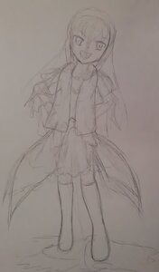 Rating: Safe Score: 0 Tags: 1girl dress full_body image long_hair long_sleeves looking_at_viewer monochrome sketch smile solo standing suigintou thighhighs wings User: admin