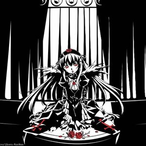 Rating: Safe Score: 0 Tags: 1girl dress flower hairband image lolita_hairband long_hair long_sleeves monochrome red_eyes red_flower rose solo suigintou wings User: admin