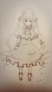 Rating: Safe Score: 0 Tags: 1girl bangs dress eyebrows_visible_through_hair full_body hair_ribbon image long_hair long_sleeves looking_at_viewer monochrome ribbon shinku shoes solo standing traditional_media twintails very_long_hair User: admin