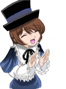 Rating: Safe Score: 0 Tags: 1girl :d ^_^ brown_hair closed_eyes frills hat image long_sleeves open_mouth ribbon short_hair simple_background smile solo souseiseki top_hat upper_body white_background User: admin