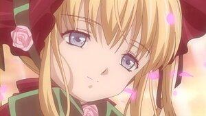 Rating: Safe Score: 0 Tags: 1girl blonde_hair blue_eyes bonnet close-up face flower image long_hair looking_at_viewer petals pink_flower pink_rose portrait rose rose_petals shinku smile solo white_rose User: admin