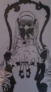 Rating: Safe Score: 0 Tags: 1girl chair dress full_body holding image long_hair long_sleeves looking_at_viewer monochrome shinku shoes sitting solo twintails very_long_hair User: admin