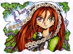 Rating: Safe Score: 0 Tags: 1girl auto_tagged head_scarf heterochromia image long_hair looking_at_viewer marker_(medium) orange_hair plant red_eyes red_hair smile solo suiseiseki traditional_media upper_body User: admin