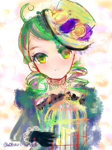 Rating: Safe Score: 0 Tags: 1girl ahoge bangs blue_flower flower green_eyes green_hair hair_flower hat image kanaria looking_at_viewer multicolored_hair red_flower red_rose rose solo twitter_username User: admin