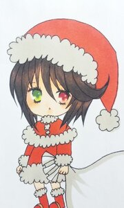 Rating: Safe Score: 0 Tags: 1girl black_hair blush chibi christmas dress fur_trim green_eyes hat heterochromia image long_sleeves looking_at_viewer m1umr red_eyes santa_costume santa_hat short_hair solo souseiseki standing User: admin