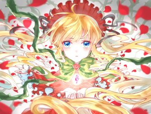 Rating: Safe Score: 0 Tags: 1girl blonde_hair blue_eyes blurry depth_of_field dress flower green_bow image long_hair looking_at_viewer lying on_back petals ribbon rose rose_petals shinku solo twintails very_long_hair User: admin