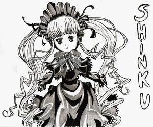 Rating: Safe Score: 0 Tags: 1girl bonnet bow bowtie dress greyscale image long_hair looking_at_viewer monochrome ribbon shinku solo twintails User: admin