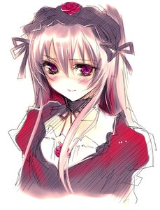 Rating: Safe Score: 0 Tags: 1girl blush closed_mouth dress flower hairband image long_hair long_sleeves looking_at_viewer pink_eyes rose simple_background sketch smile solo suigintou upper_body white_background User: admin